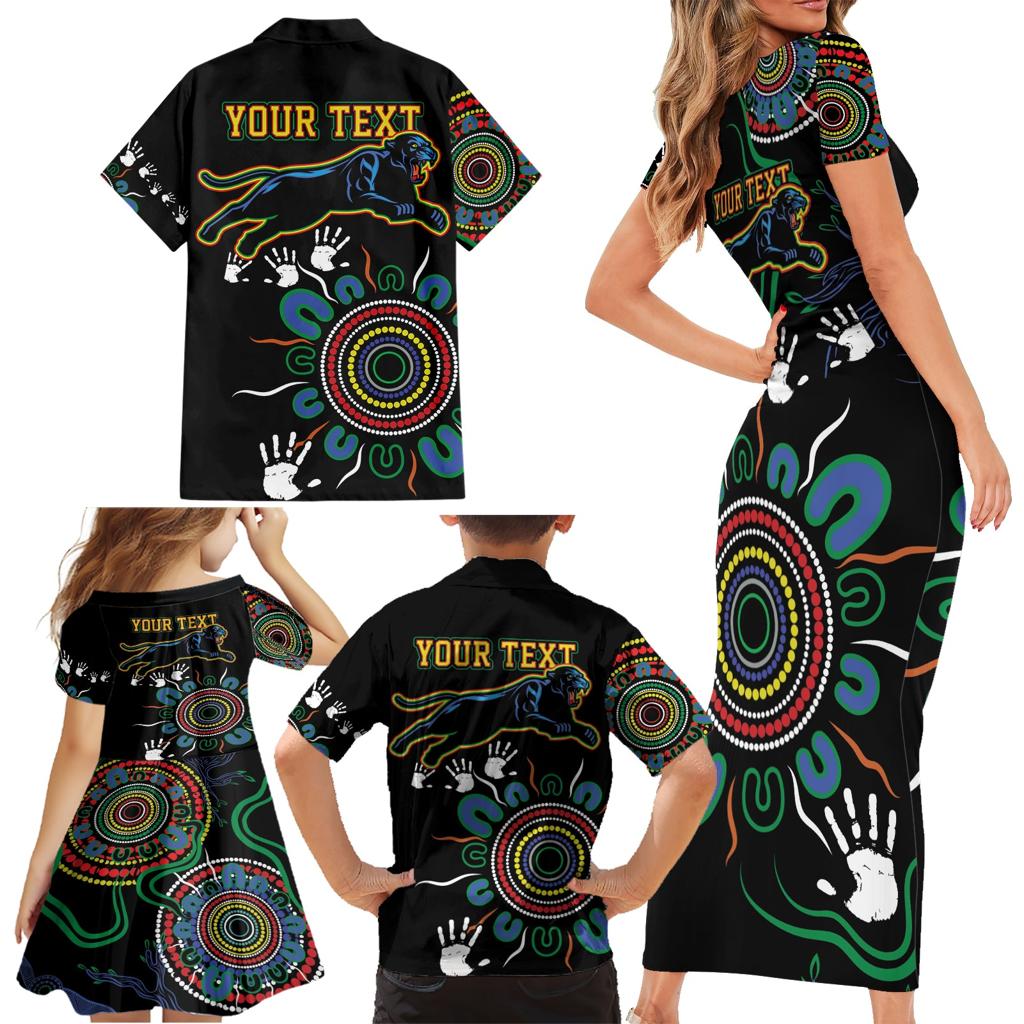 Personalised Panthers Aboriginal Dot Family Matching Short Sleeve Bodycon Dress and Hawaiian Shirt Go the Mighty Panthers