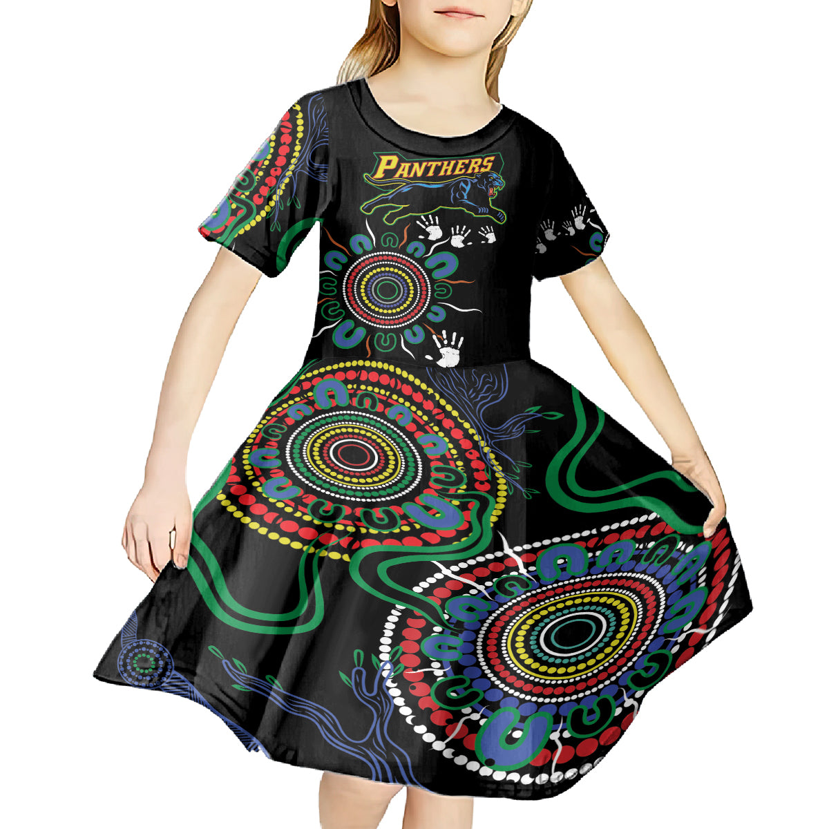 Personalised Panthers Aboriginal Dot Kid Short Sleeve Dress Go the Mighty Panthers