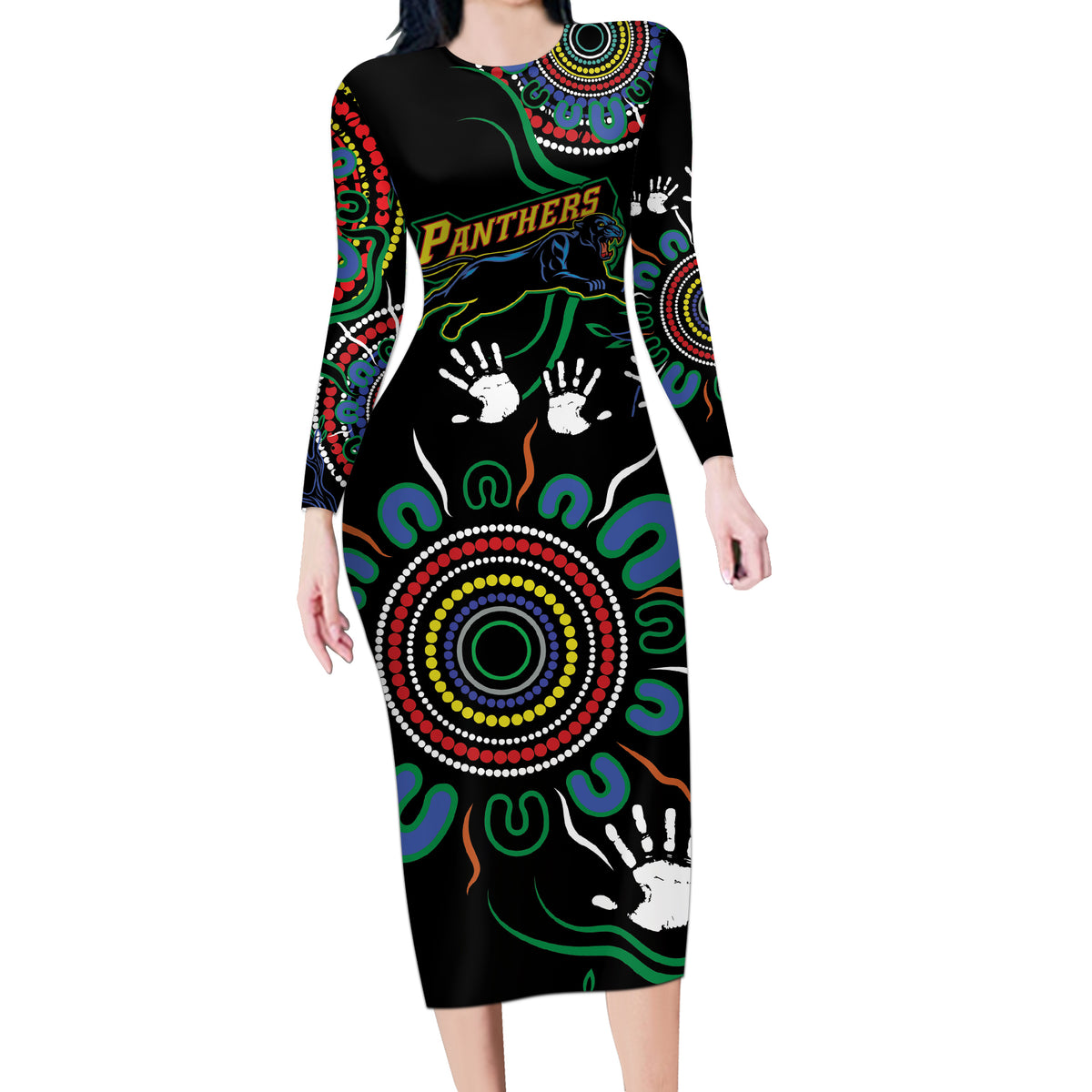 Personalised Panthers Aboriginal Dot Long Sleeve Bodycon Dress Go the Mighty Panthers