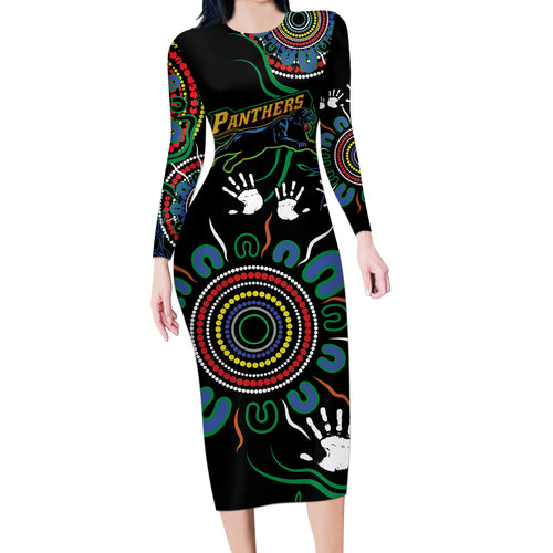 Personalised Panthers Aboriginal Dot Long Sleeve Bodycon Dress Go the Mighty Panthers