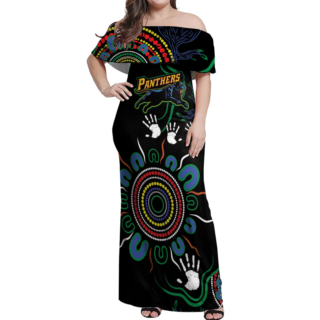 Personalised Panthers Aboriginal Dot Off Shoulder Maxi Dress Go the Mighty Panthers