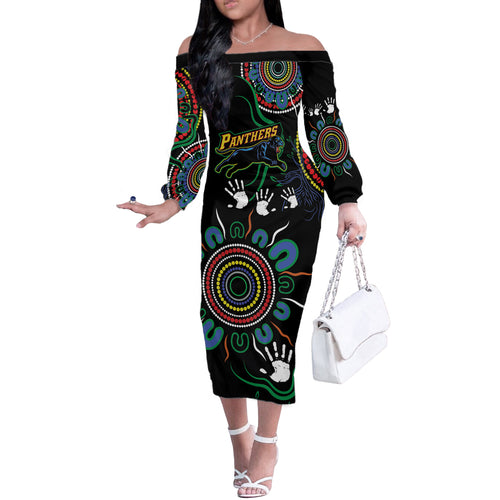 Personalised Panthers Aboriginal Dot Off The Shoulder Long Sleeve Dress Go the Mighty Panthers