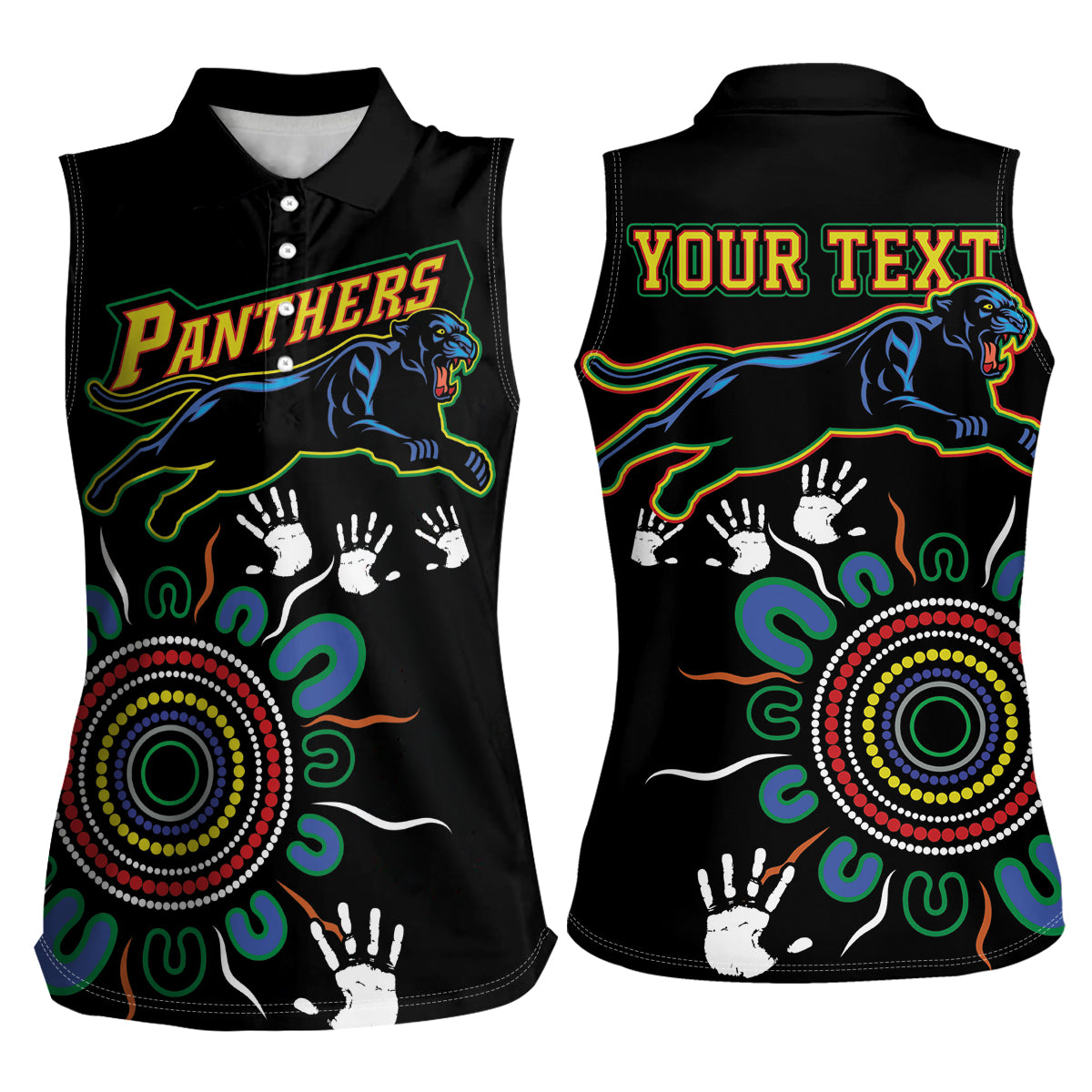 Personalised Panthers Aboriginal Dot Women Sleeveless Polo Shirt Go the Mighty Panthers