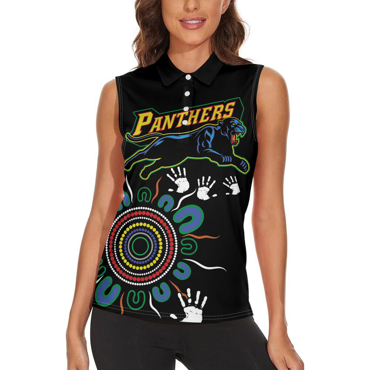 Personalised Panthers Aboriginal Dot Women Sleeveless Polo Shirt Go the Mighty Panthers