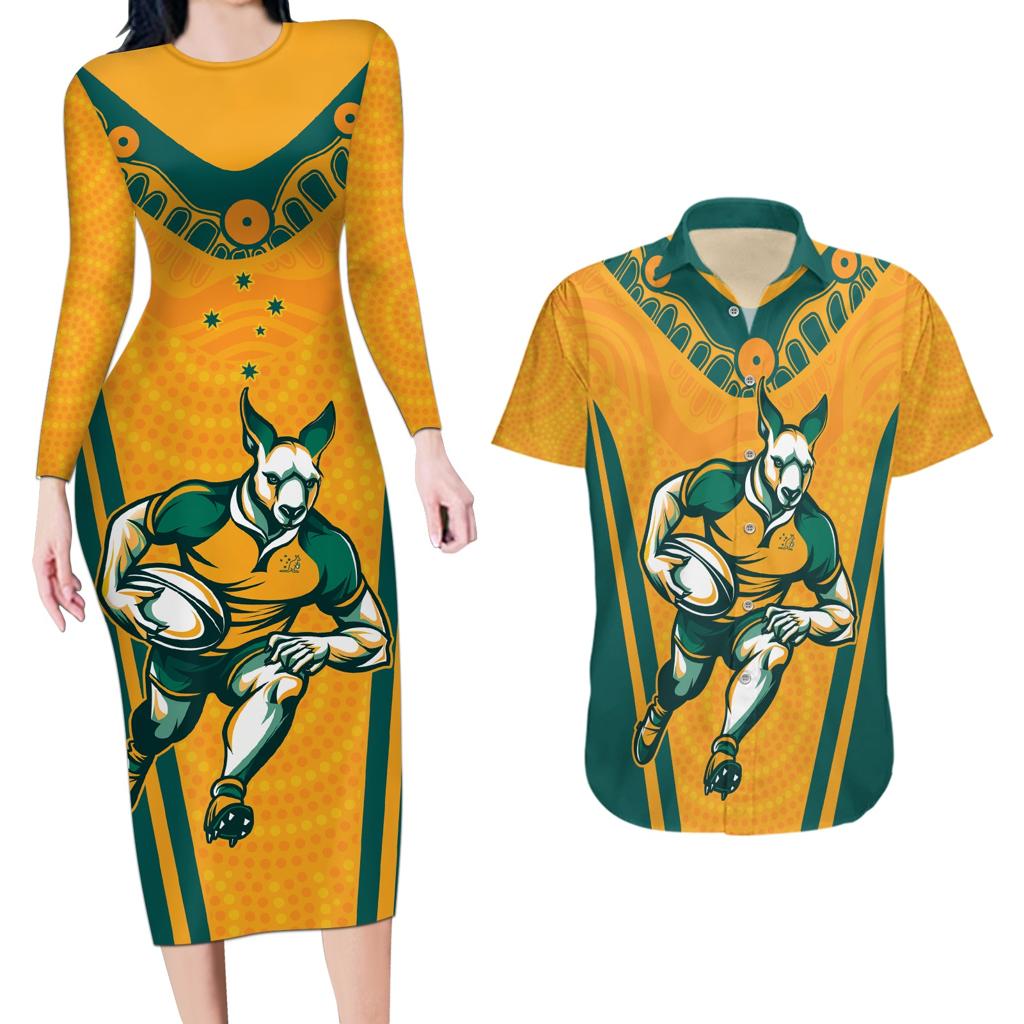 Custom Australia Rugby Couples Matching Long Sleeve Bodycon Dress and Hawaiian Shirt Wallabies Mascots Sporty Version