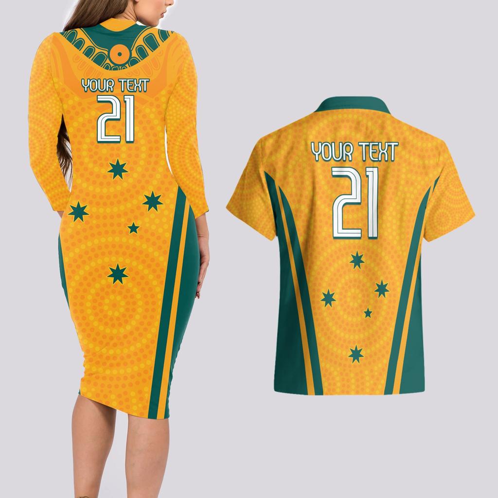 Custom Australia Rugby Couples Matching Long Sleeve Bodycon Dress and Hawaiian Shirt Wallabies Mascots Sporty Version