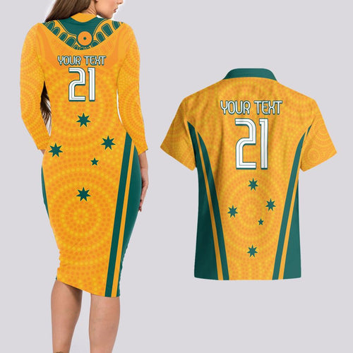 Custom Australia Rugby Couples Matching Long Sleeve Bodycon Dress and Hawaiian Shirt Wallabies Mascots Sporty Version