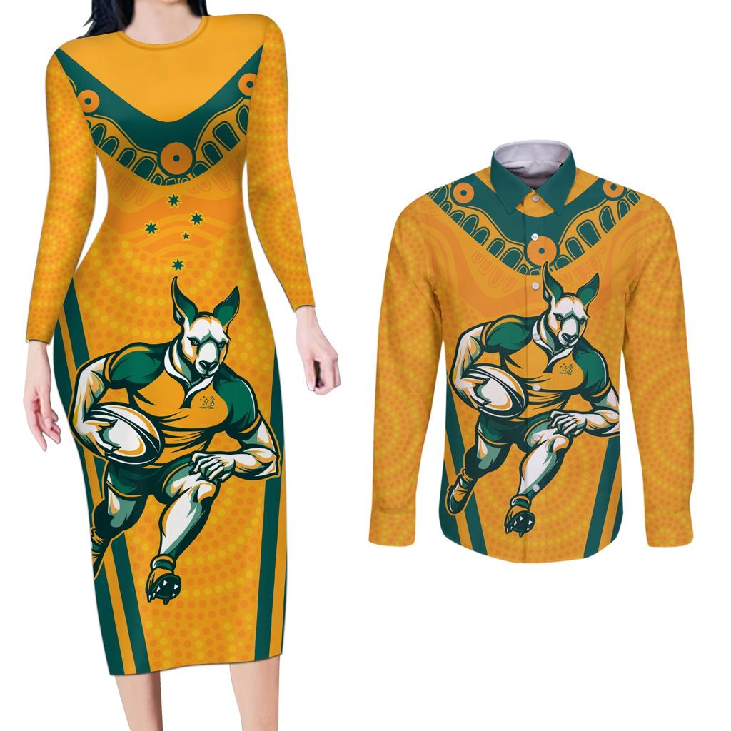 Custom Australia Rugby Couples Matching Long Sleeve Bodycon Dress and Long Sleeve Button Shirt Wallabies Mascots Sporty Version