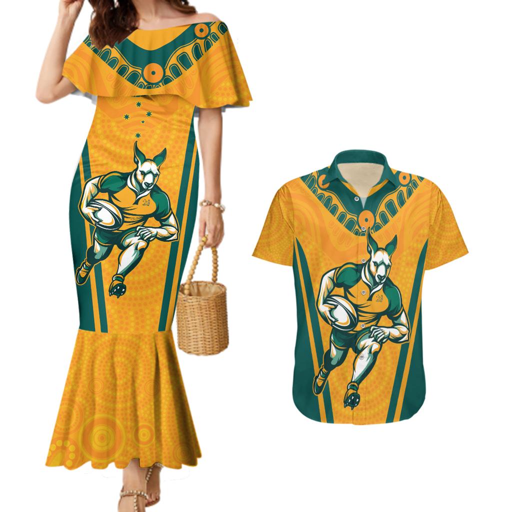 Custom Australia Rugby Couples Matching Mermaid Dress and Hawaiian Shirt Wallabies Mascots Sporty Version