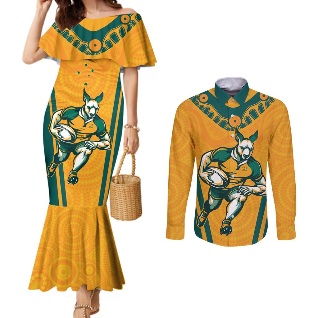 Custom Australia Rugby Couples Matching Mermaid Dress and Long Sleeve Button Shirt Wallabies Mascots Sporty Version