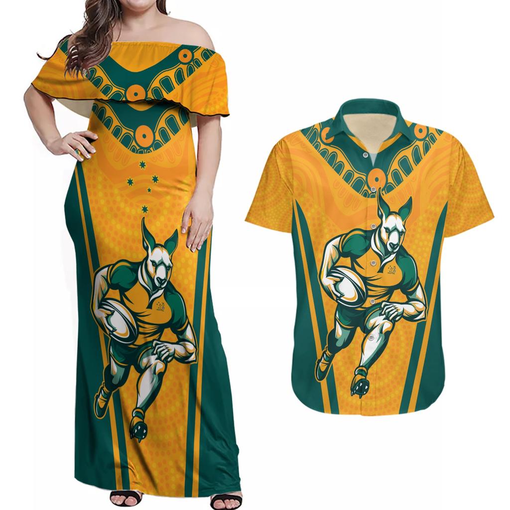 Custom Australia Rugby Couples Matching Off Shoulder Maxi Dress and Hawaiian Shirt Wallabies Mascots Sporty Version