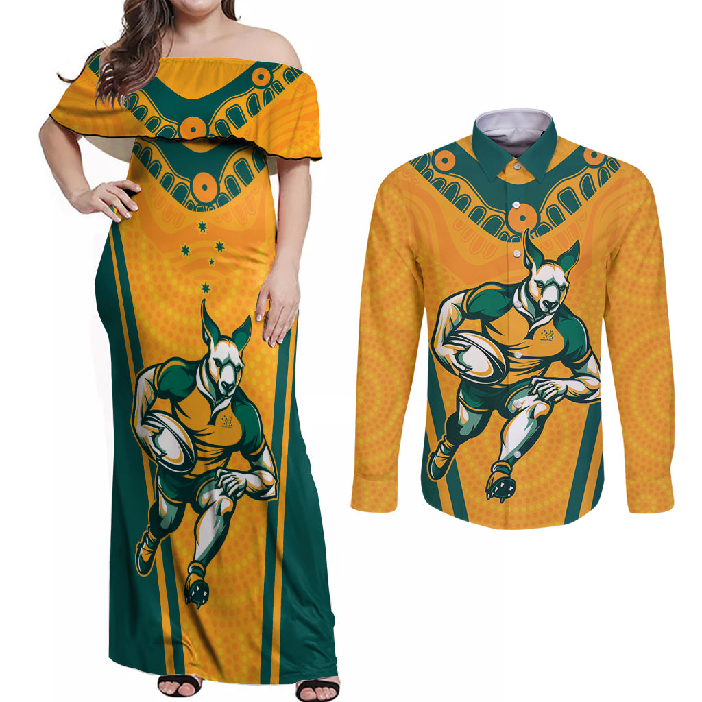 Custom Australia Rugby Couples Matching Off Shoulder Maxi Dress and Long Sleeve Button Shirt Wallabies Mascots Sporty Version