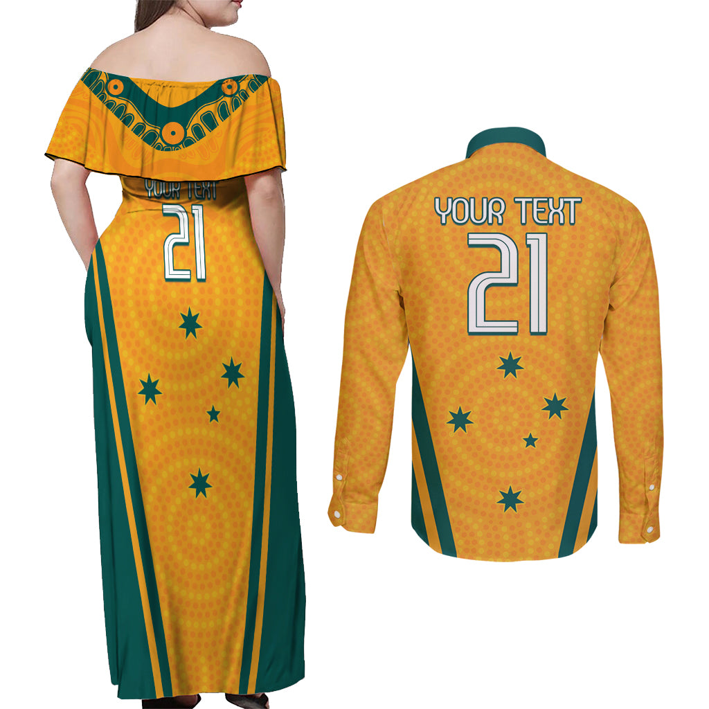 Custom Australia Rugby Couples Matching Off Shoulder Maxi Dress and Long Sleeve Button Shirt Wallabies Mascots Sporty Version