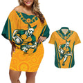 Custom Australia Rugby Couples Matching Off Shoulder Short Dress and Hawaiian Shirt Wallabies Mascots Sporty Version