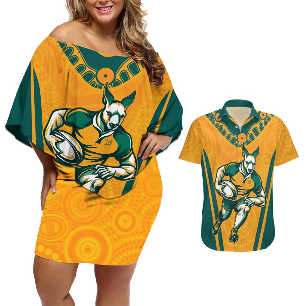 Custom Australia Rugby Couples Matching Off Shoulder Short Dress and Hawaiian Shirt Wallabies Mascots Sporty Version
