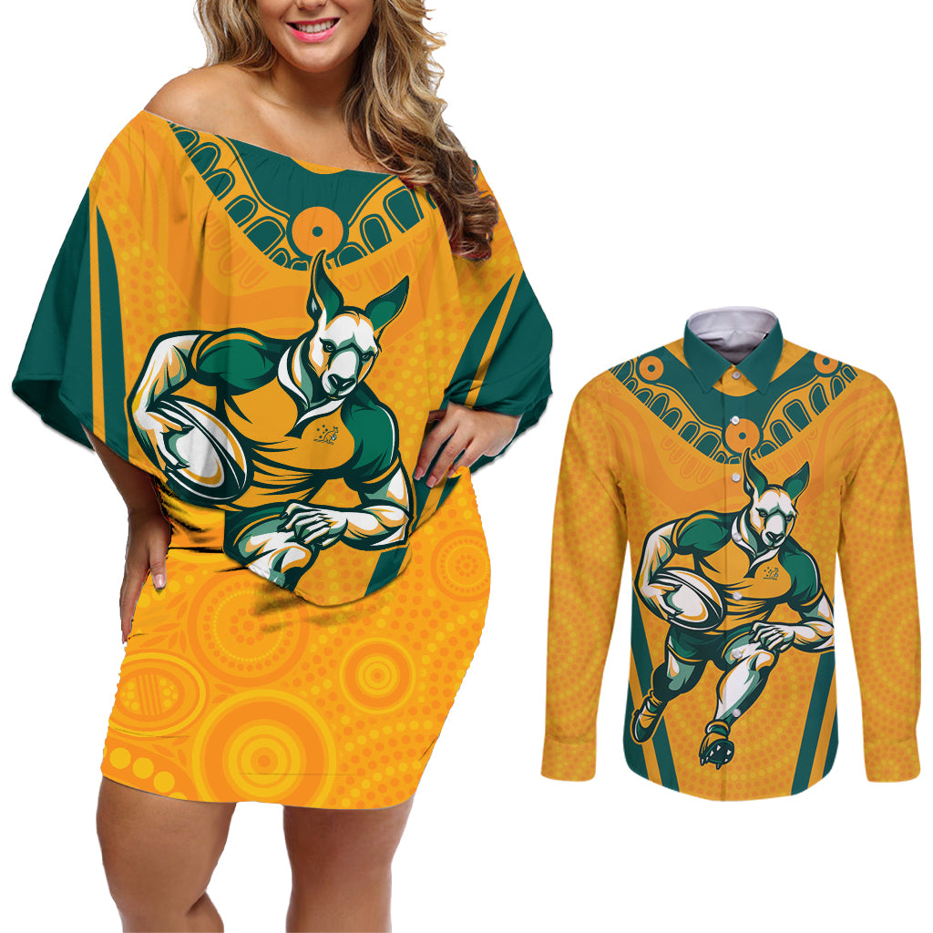 Custom Australia Rugby Couples Matching Off Shoulder Short Dress and Long Sleeve Button Shirt Wallabies Mascots Sporty Version