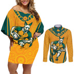 Custom Australia Rugby Couples Matching Off Shoulder Short Dress and Long Sleeve Button Shirt Wallabies Mascots Sporty Version