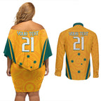 Custom Australia Rugby Couples Matching Off Shoulder Short Dress and Long Sleeve Button Shirt Wallabies Mascots Sporty Version