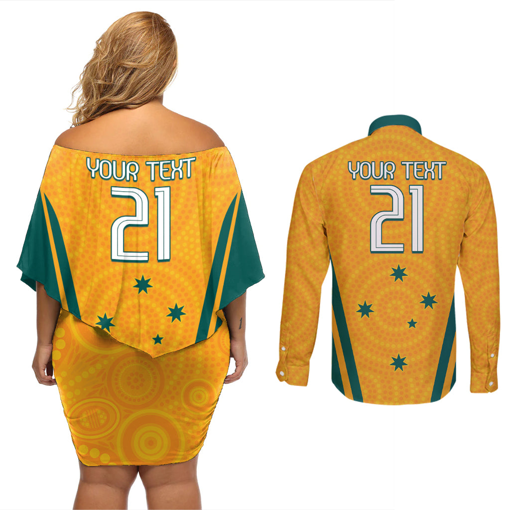 Custom Australia Rugby Couples Matching Off Shoulder Short Dress and Long Sleeve Button Shirt Wallabies Mascots Sporty Version