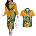 Custom Australia Rugby Couples Matching Off The Shoulder Long Sleeve Dress and Hawaiian Shirt Wallabies Mascots Sporty Version