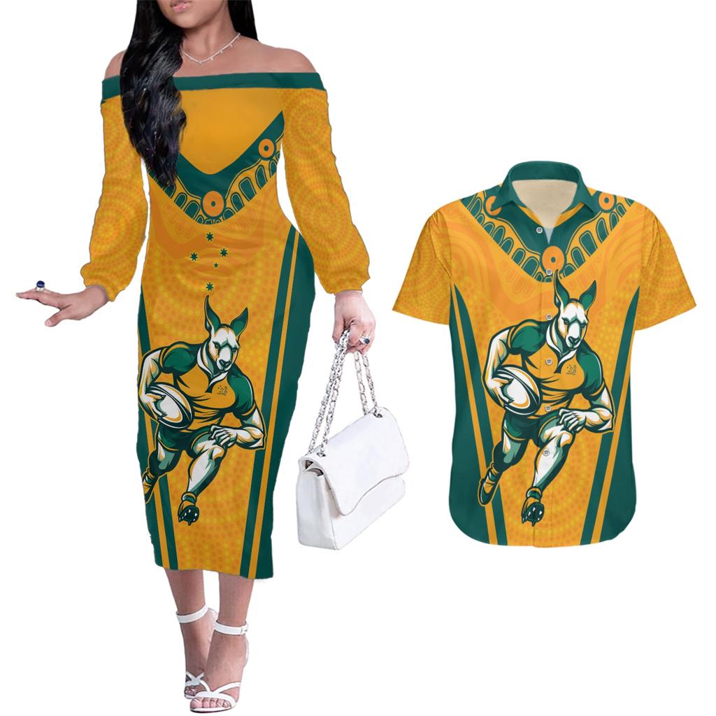 Custom Australia Rugby Couples Matching Off The Shoulder Long Sleeve Dress and Hawaiian Shirt Wallabies Mascots Sporty Version