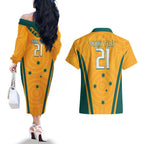 Custom Australia Rugby Couples Matching Off The Shoulder Long Sleeve Dress and Hawaiian Shirt Wallabies Mascots Sporty Version