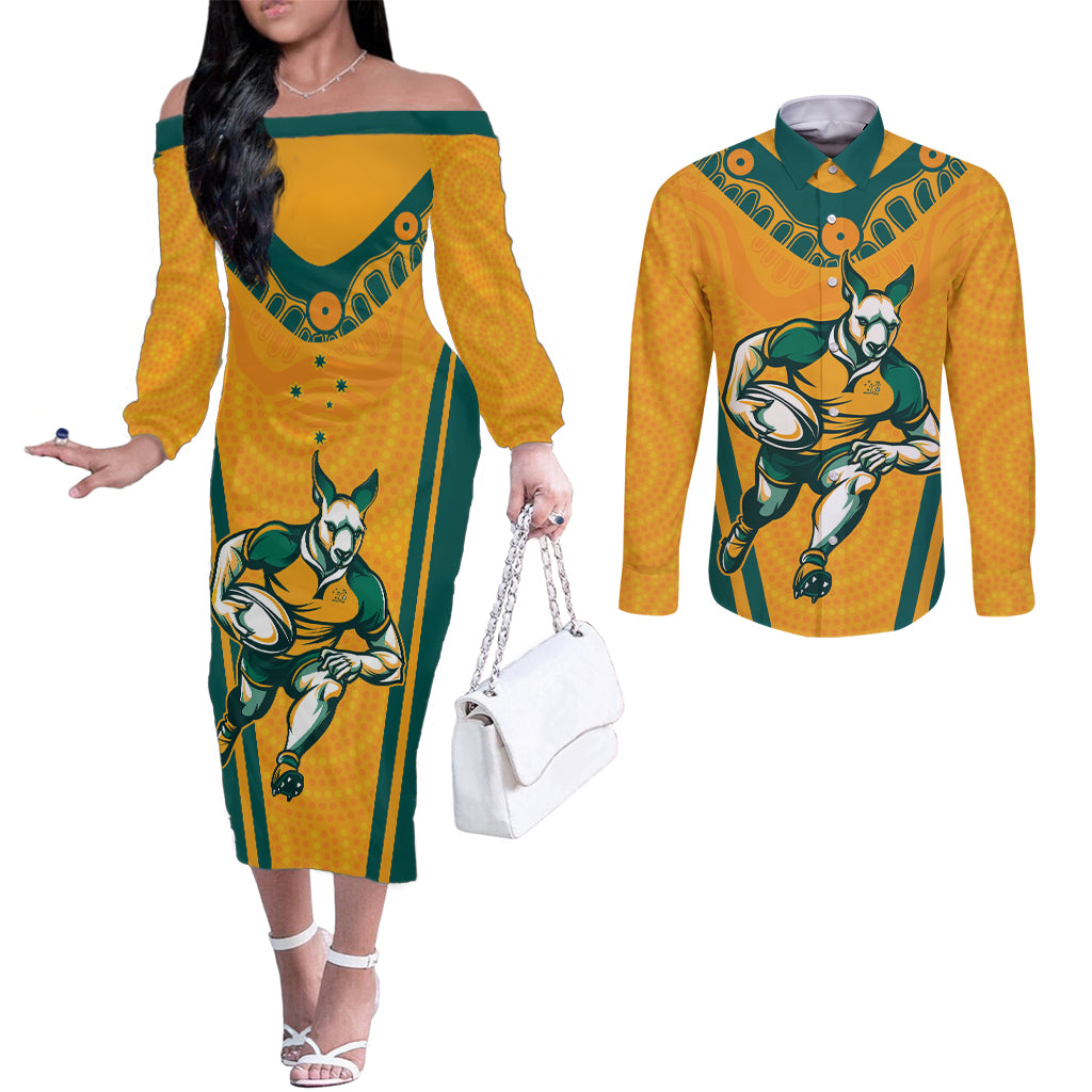 Custom Australia Rugby Couples Matching Off The Shoulder Long Sleeve Dress and Long Sleeve Button Shirt Wallabies Mascots Sporty Version