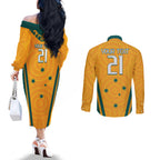 Custom Australia Rugby Couples Matching Off The Shoulder Long Sleeve Dress and Long Sleeve Button Shirt Wallabies Mascots Sporty Version