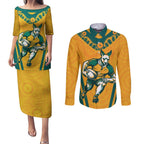 Custom Australia Rugby Couples Matching Puletasi and Long Sleeve Button Shirt Wallabies Mascots Sporty Version