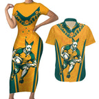 Custom Australia Rugby Couples Matching Short Sleeve Bodycon Dress and Hawaiian Shirt Wallabies Mascots Sporty Version