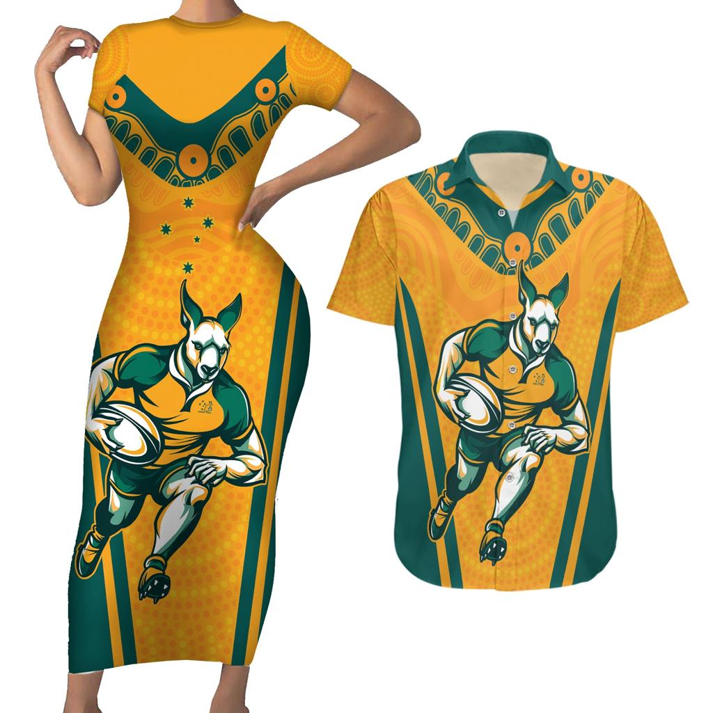 Custom Australia Rugby Couples Matching Short Sleeve Bodycon Dress and Hawaiian Shirt Wallabies Mascots Sporty Version