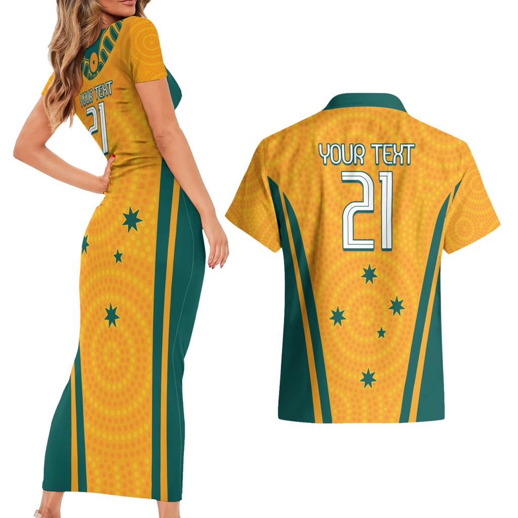 Custom Australia Rugby Couples Matching Short Sleeve Bodycon Dress and Hawaiian Shirt Wallabies Mascots Sporty Version