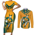 Custom Australia Rugby Couples Matching Short Sleeve Bodycon Dress and Long Sleeve Button Shirt Wallabies Mascots Sporty Version