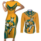 Custom Australia Rugby Couples Matching Short Sleeve Bodycon Dress and Long Sleeve Button Shirt Wallabies Mascots Sporty Version