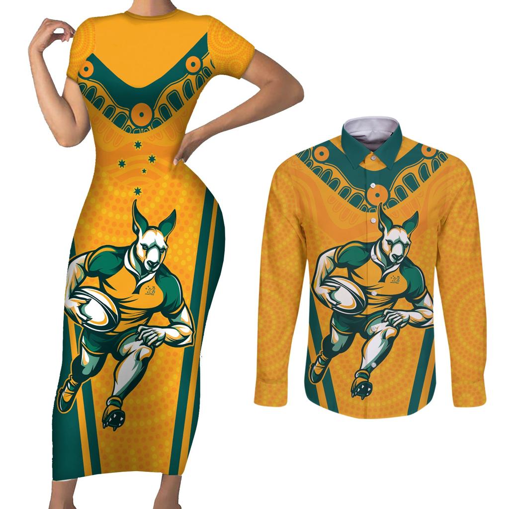 Custom Australia Rugby Couples Matching Short Sleeve Bodycon Dress and Long Sleeve Button Shirt Wallabies Mascots Sporty Version