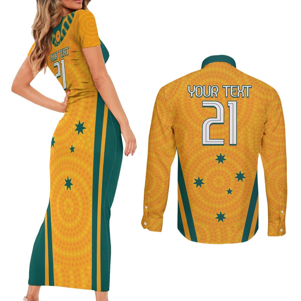 Custom Australia Rugby Couples Matching Short Sleeve Bodycon Dress and Long Sleeve Button Shirt Wallabies Mascots Sporty Version
