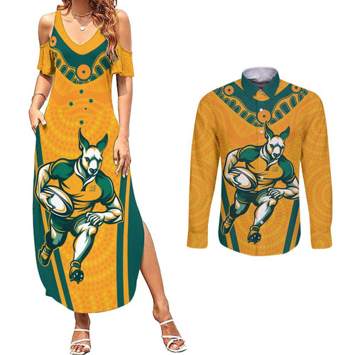 Custom Australia Rugby Couples Matching Summer Maxi Dress and Long Sleeve Button Shirt Wallabies Mascots Sporty Version