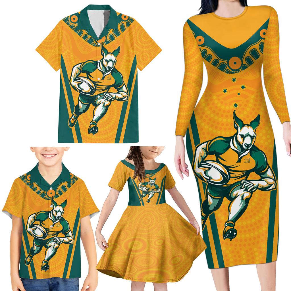 Custom Australia Rugby Family Matching Long Sleeve Bodycon Dress and Hawaiian Shirt Wallabies Mascots Sporty Version