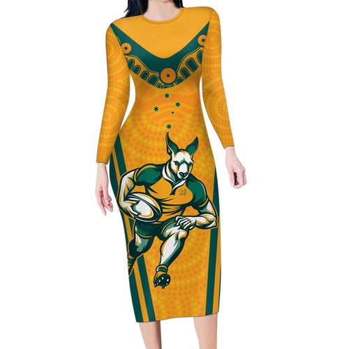 Custom Australia Rugby Family Matching Long Sleeve Bodycon Dress and Hawaiian Shirt Wallabies Mascots Sporty Version