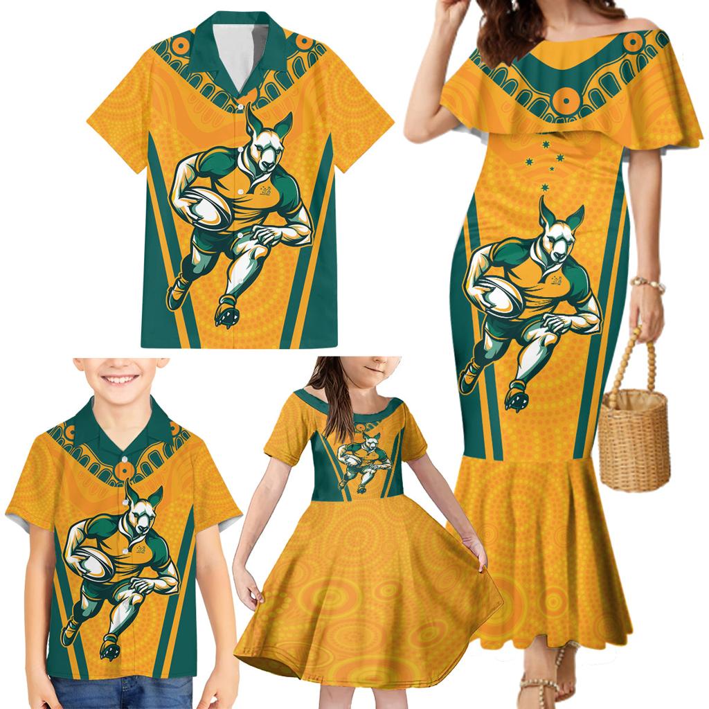 Custom Australia Rugby Family Matching Mermaid Dress and Hawaiian Shirt Wallabies Mascots Sporty Version