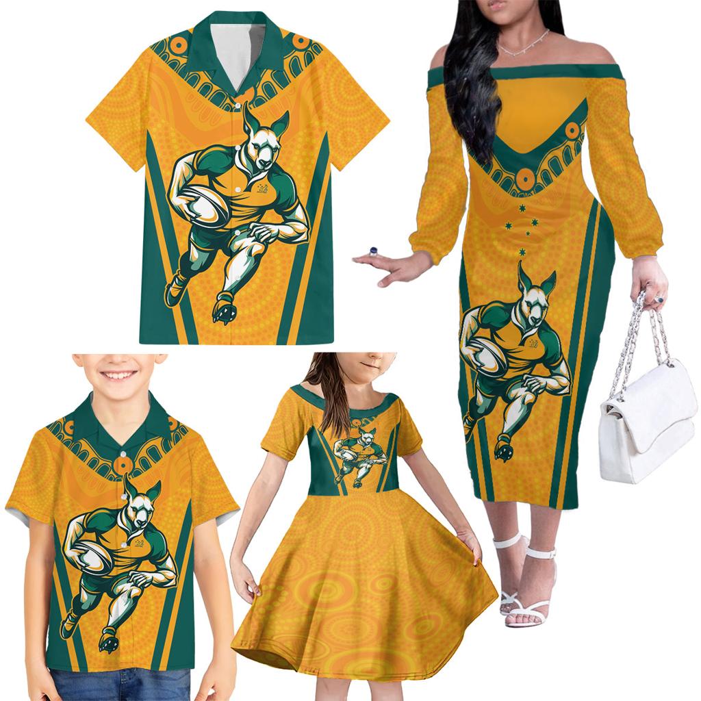 Custom Australia Rugby Family Matching Off The Shoulder Long Sleeve Dress and Hawaiian Shirt Wallabies Mascots Sporty Version