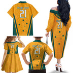 Custom Australia Rugby Family Matching Off The Shoulder Long Sleeve Dress and Hawaiian Shirt Wallabies Mascots Sporty Version