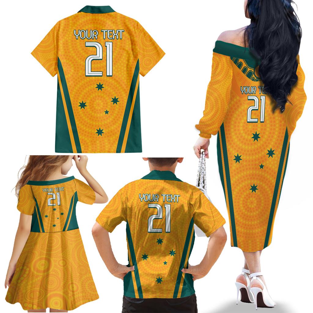 Custom Australia Rugby Family Matching Off The Shoulder Long Sleeve Dress and Hawaiian Shirt Wallabies Mascots Sporty Version