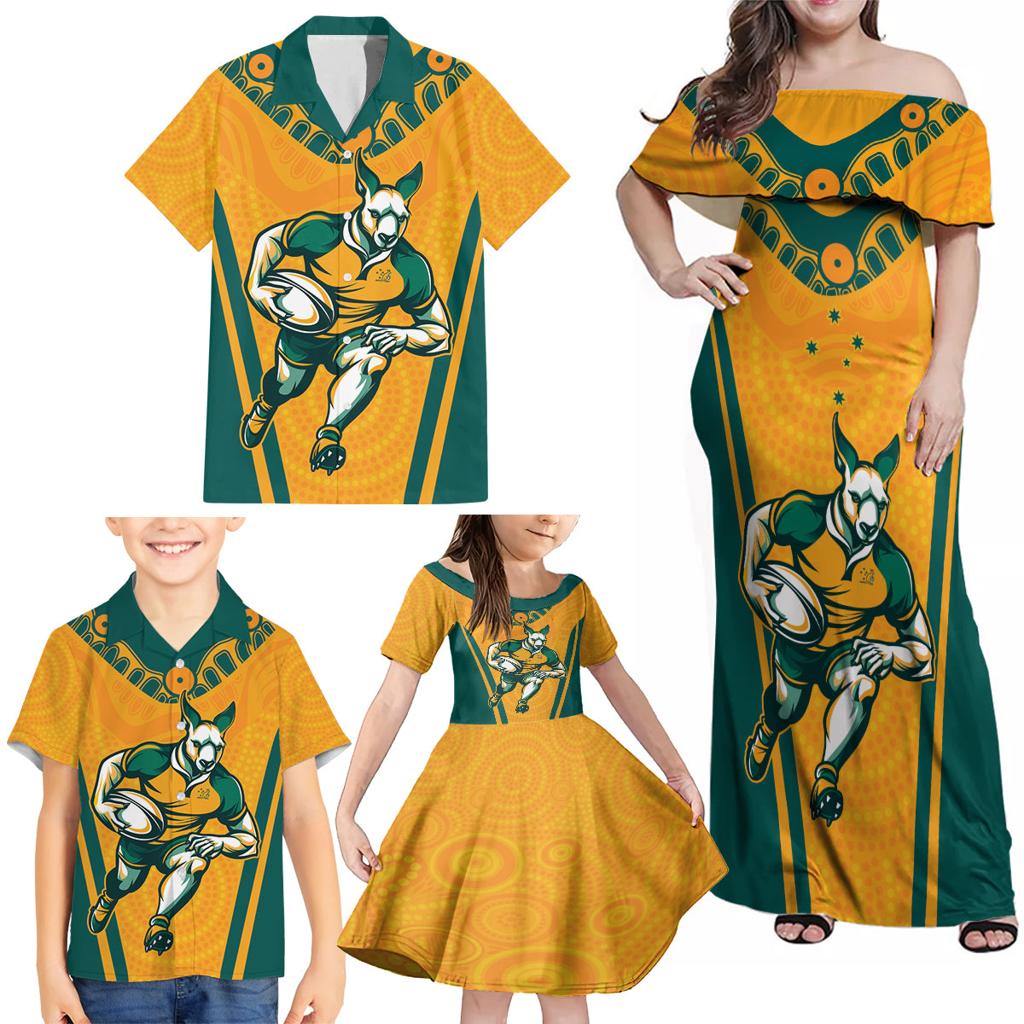Custom Australia Rugby Family Matching Off Shoulder Maxi Dress and Hawaiian Shirt Wallabies Mascots Sporty Version