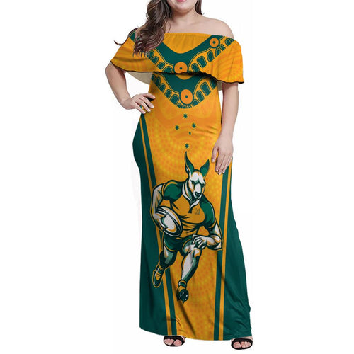 Custom Australia Rugby Family Matching Off Shoulder Maxi Dress and Hawaiian Shirt Wallabies Mascots Sporty Version