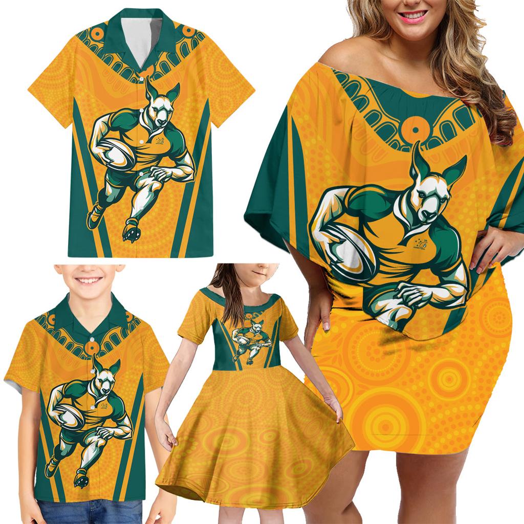Custom Australia Rugby Family Matching Off Shoulder Short Dress and Hawaiian Shirt Wallabies Mascots Sporty Version