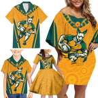 Custom Australia Rugby Family Matching Off Shoulder Short Dress and Hawaiian Shirt Wallabies Mascots Sporty Version