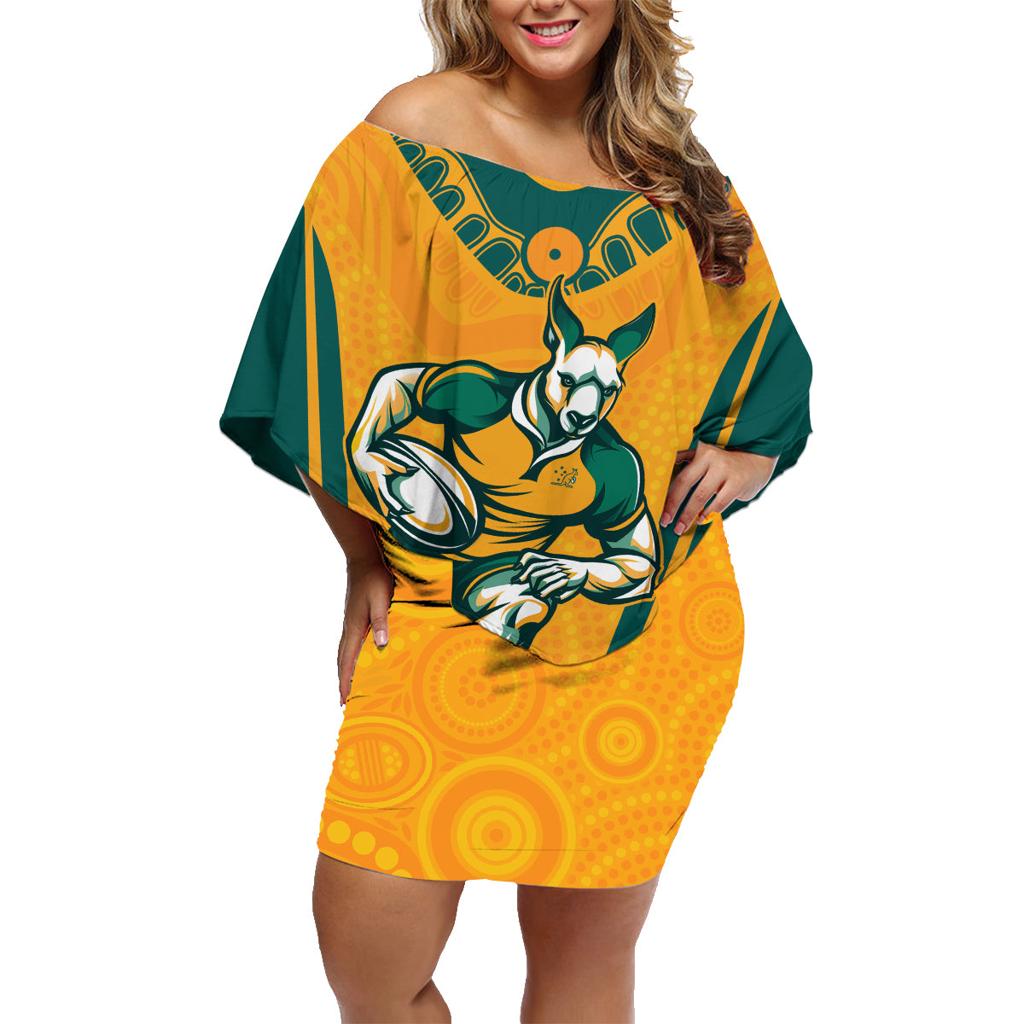 Custom Australia Rugby Family Matching Off Shoulder Short Dress and Hawaiian Shirt Wallabies Mascots Sporty Version