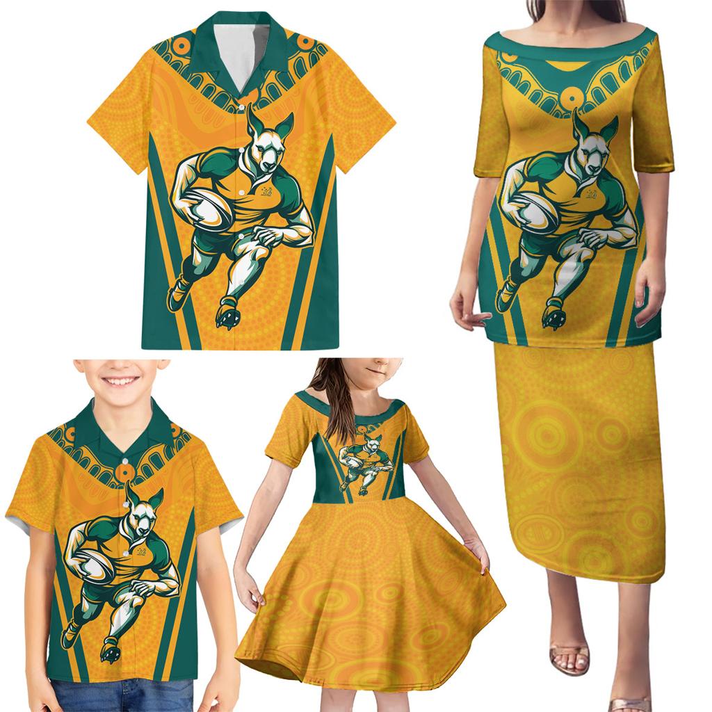 Custom Australia Rugby Family Matching Puletasi and Hawaiian Shirt Wallabies Mascots Sporty Version