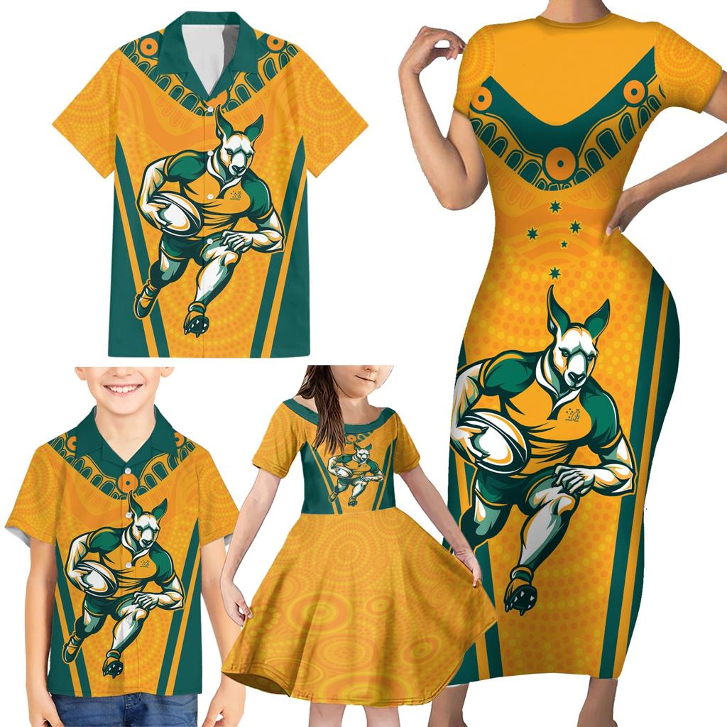 Custom Australia Rugby Family Matching Short Sleeve Bodycon Dress and Hawaiian Shirt Wallabies Mascots Sporty Version